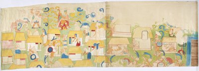 メキシコ、チチェン・イッツァ、ジャガーの上部神殿、南西壁に描かれた壁画（a,b,c,dの4部構成）のトレース
 (水彩・ボディカラー) 作： Adela Breton