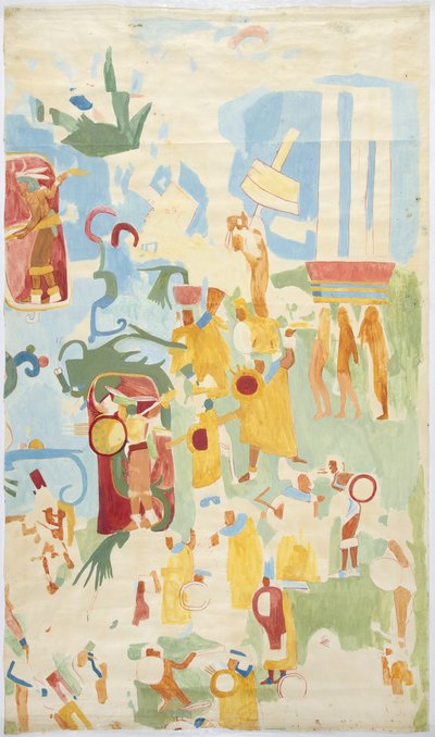 壁画のトレース メキシコ、チチェン・イッツァ、ジャガーの上部神殿（モードレーの神殿A）、内室の北壁（水彩・ボディカラー 作： Adela Breton