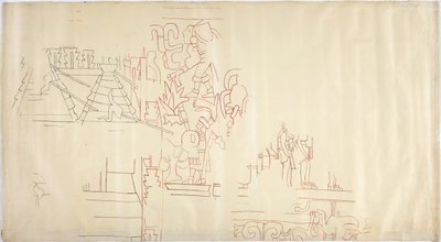 メキシコ、チチェン・イッツァのカサ・デ・モンハスの壁画をトレースし、黒と赤のインクでインクオーバーしたもの（赤＆黒インク＆グラファイト）。 作： Adela Breton