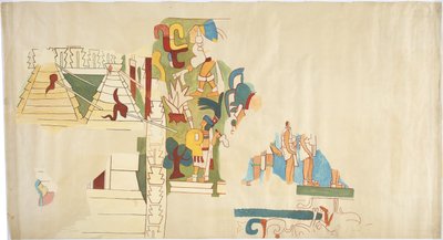 メキシコ、チチェン・イッツァのカサ・デ・モンハスの壁画のトレース 大きな部屋の金庫を描いたトレースに黒でインクを塗り、水彩で描いた 壁画の北半分の実寸大のアウトライン（水彩、ボディカラー、グラファイト）。 作： Adela Breton