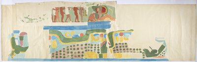 メキシコ、チチェン・イッツァ、ジャガーの上部神殿、扉越しに描かれた壁画のトレース（水彩、ボディカラー、黒鉛 作： Adela Breton