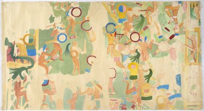 メキシコ・チチェン・イッツァのジャガーの上神殿・大球技場の内室・南壁に描かれた壁画のトレース（水彩・ボディカラー 作： Adela Breton