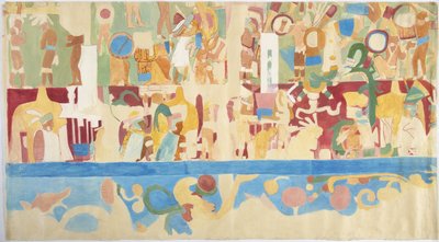 メキシコ・チチェン・イッツァのジャガーの上神殿・大球技場の内室・南壁に描かれた壁画のトレース（水彩・ボディカラー 作： Adela Breton