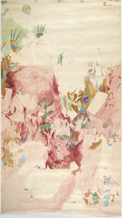 メキシコ、チチェン・イッツァ、ジャガーの上部神殿、東壁の壁画のトレース
 (水彩・ボディカラー) 作： Adela Breton