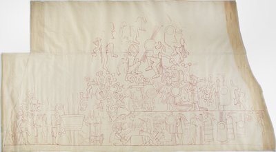 メキシコ、チチェン・イッツァ、ジャガーの上部神殿、南側ヴォールト天井の壁画の痕跡

 (赤インク) 作： Adela Breton
