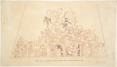 メキシコ、チチェン・イッツァ、ジャガーの上部神殿、内室、南穹窿からの壁画の痕跡 作： Adela Breton