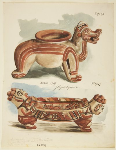 2つの陶器のフィギュア、コスタリカ（水彩画 作： Adela Breton