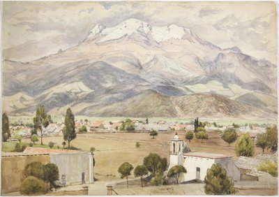 手前に村、奥に山（水彩画 作： Adela Breton