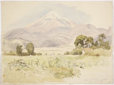 メキシコ、コスコマテペック州、スファン近郊のオリサバ火山（水彩画 作： Adela Breton