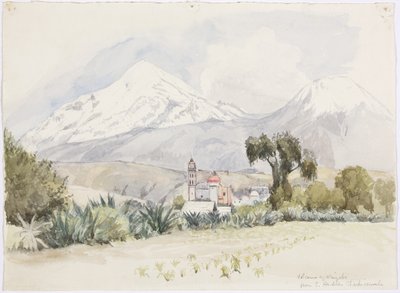 チャルチコムラのサンアンドレスから見たオリサバ火山（水彩画 作： Adela Breton