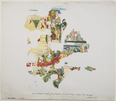 メキシコ、ユカタン州、チチェン・イッツァのカサ・デ・モンハスの大部屋の中にある丸天井の壁画（水彩画 作： Adela Breton