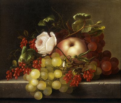 桃、ブドウ、ローズヒップのある静物、1865年 作： Adelheid Dietrich