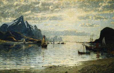 帆船とフィヨルドのシーン、 作： Adelsteen Normann