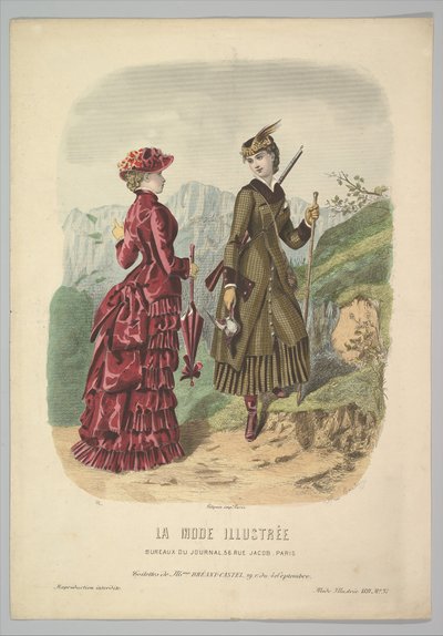 ラ・モードの山道で歩く衣装を着た女性と狩猟衣装を着た女性., 1881. 作： Adèle Anaïs Colin