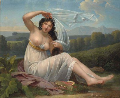 風景の中に座る若い女性 作： Adèle Varillat