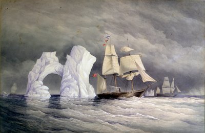 氷山を横切る英国船フェニックス、タルボット、ディリジェンス（カナダ北極圏）。水彩（58x88cm）エドワード・オーガスタス・イングルフィールド（1820-1894）作 作： Admiral Edward Augustus Inglefield