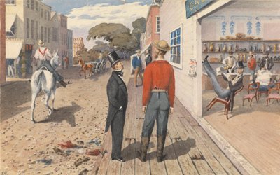 1851年9月、サクラメント市（カリフォルニア州）の酒場の外で、「パシフィック・スター」編集者のラスト氏と弟のラスト博士。 作： Admiral Sir Edward Gennys Fanshawe