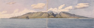 タヒチ［ソサエティ諸島］。ファウタウアの渓谷-島の中央にあるクラウンまたはディアデム山、そしてパペイティの町、1849年8月24日」。 作： Admiral Sir Edward Gennys Fanshawe