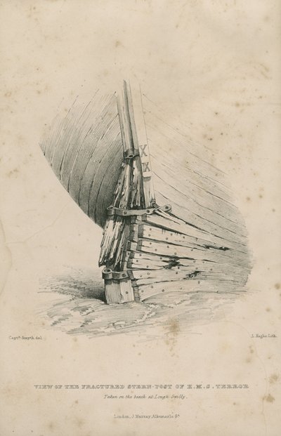 H.M.S.テラー号の破損した船尾柱の写真。 作： Admiral William Henry Smyth