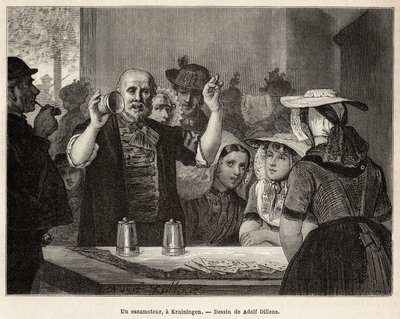 クルイニンゲンの宿屋で、熱心な観客の前で自分の番をしている引込線。1873年にシャルル・ド・コステールがゼランデ（ネールランド）への旅を描いたアドルフ・ディレンスの絵に倣って彫られたもので、1874年に出版された「Le tour du monde」に掲載されている。 作： Adolf Alexander Dillens