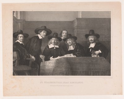 De Staalmeesters: アムステルダムの生地メーカーのギルドのスチール マスター (waarijns) の大学 De Staalmeesters, after Rembrandt / Premium plate der Kunstkronijk, 第 16 巻 (1854) (オブジェクトのタイトル) 作： Adolf Carel Nunnink