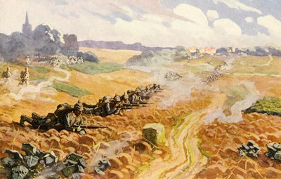 攻撃を開始したプロイセンの歩兵（カラーリトグラフ 作： Adolf Closs