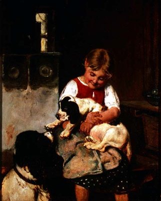 子犬を持つ若い女の子 作： Adolf Eberle