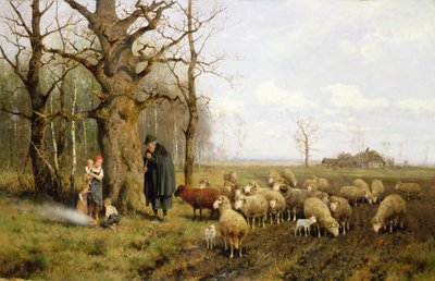 風景の中の羊飼いと羊を持つ子供たち（キャンバスに油彩） 作： Adolf Ernst Meissner