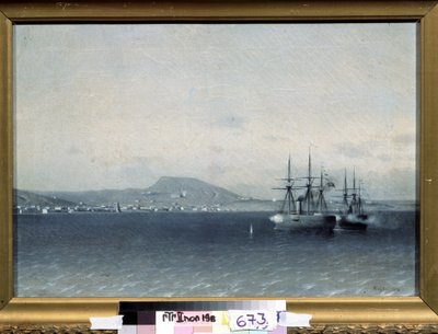 1877 年から 1878 年の露土戦争: 「1878 年にトルコ艦隊によって砲撃されたクリミアのテオドシヤ (またはフェオドシヤ) の都市」 (トルコ艦隊は 1878 年にフェオドシヤの町を爆撃した) (1826-1885) 1878 州トレチャコフ G 作： Adolf Fessler