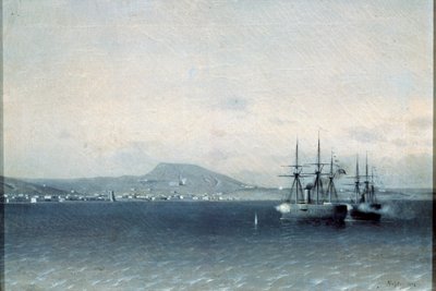 トルコ艦隊は、1878 年にフェオドシヤの町を爆撃しました。 作： Adolf Fessler