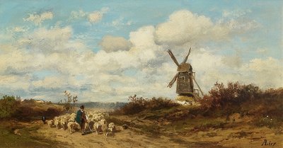 風車と羊飼いのいる風景 作： Adolf Heinrich Lier