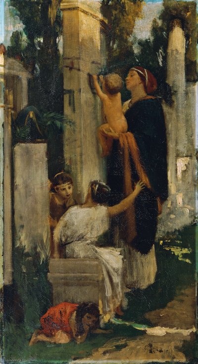 古代の墓地のシーン (墓を飾る子供を持つ女性) 作： Adolf Hiremy Hirschl