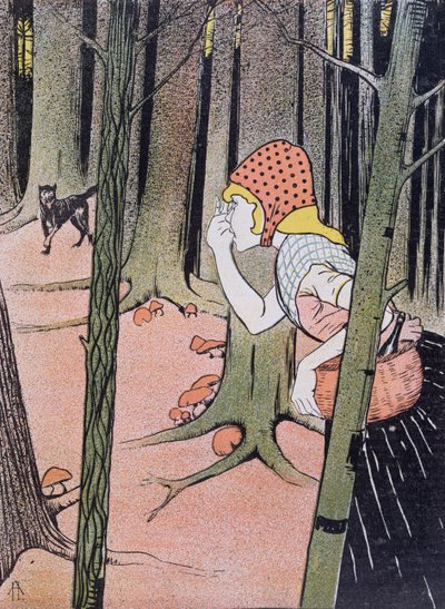 赤ずきんは森の狼を見ます。1896年にミュンヘンで出版されたユーゲントのイラスト 作： Adolf Hofer