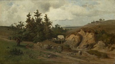 木の橋のある風景 - 木の橋のある風景 - アドルフ・コサレク (1830-1859)。 キャンバスに油彩 作： Adolf Kosárek