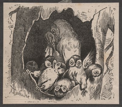 子連れフクロウ、1890年頃（クイックプレスプリント） 作： Adolf Oberländer