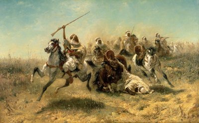 攻撃に対するアラブの騎手、1869 作： Adolf Schreyer