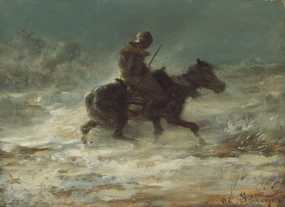 ランスを雪に乗った男、1880年頃 作： Adolf Schreyer
