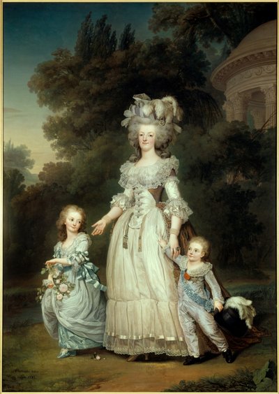 フランス王妃マリー・アントワネット（1754年～1793年）、マリー・テレーズ（マダム・ロワイヤル）（1778年～1851年）、第一王太子ルイ・ジョセフ・グザヴィエ・フランソワ（ルイ・ド・フランス）（1781年～1789年）がトリアノンの庭園を歩く足元の肖像 画：Ad 作： Adolf Ulrich Wertmuller