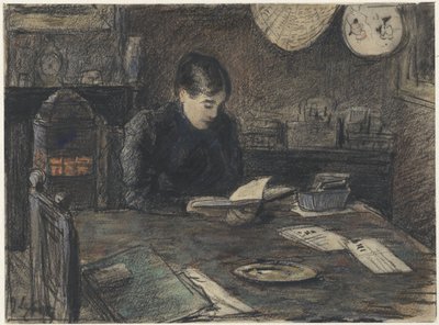 テーブルで読書する女性 作： Adolf le Comte