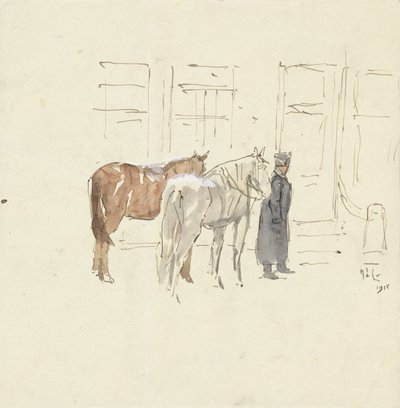 建物の前で 2 頭の馬を持つ男 作： Adolf le Comte