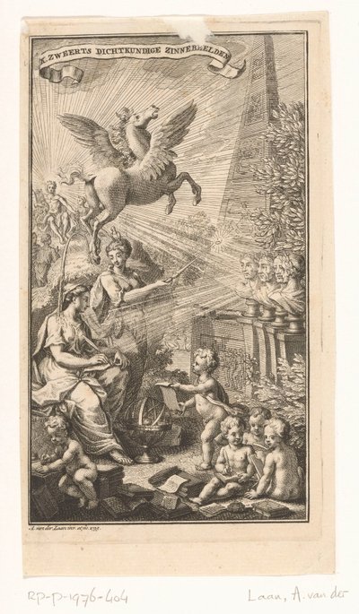 女性の書き込み、胸像、ペガサス、アポロの寓話的なシーン タイトルページ: Cornelis Sweerts, Poetical Symbols, 1736 作： Adolf van der Laan