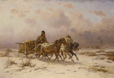 3頭の馬を運転するそりの農民 作： Adolf van der Venne