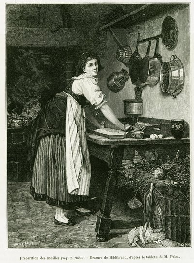 麺の準備。エドゥアール・シャルトン（1807-1890）が監督した『tour du monde 1888』の中で、ドイツ人デピューター、シャルル・グラッドが1887年に行った「A Through Alsace and Lorraine（アルザスとロレーヌを通って）」という物語を説明するために、ヒルディブランドが描いたもの。 作： Adolf von Hildebrand