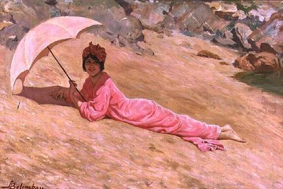 ピンクのパラソルを持ってビーチに横たわる少女（油彩・キャンバス 作： Adolfo Belimbau