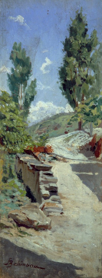 アドルフォ・ベリンバウ（1845-1938）作「丘の中の道」、パネルに油彩、23x9 cm 作： Adolfo Belimbau