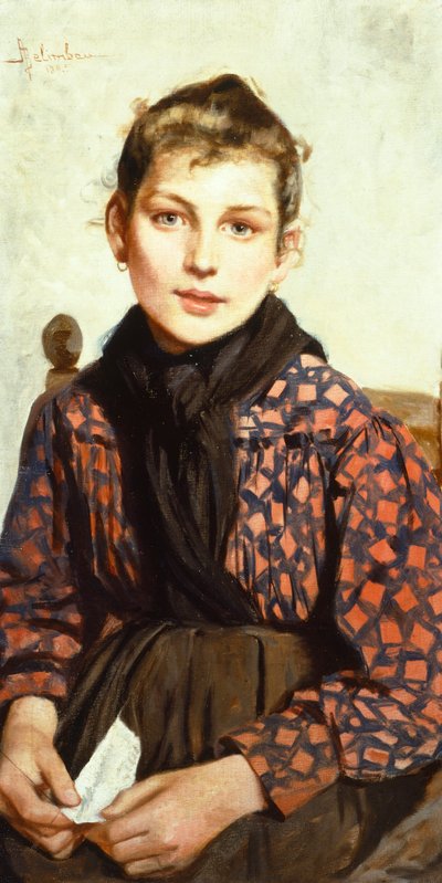 アドルフォ・ベリンバウ（1845-1938）作「座っている少女」、油彩・キャンバス、71x37cm 作： Adolfo Belimbau