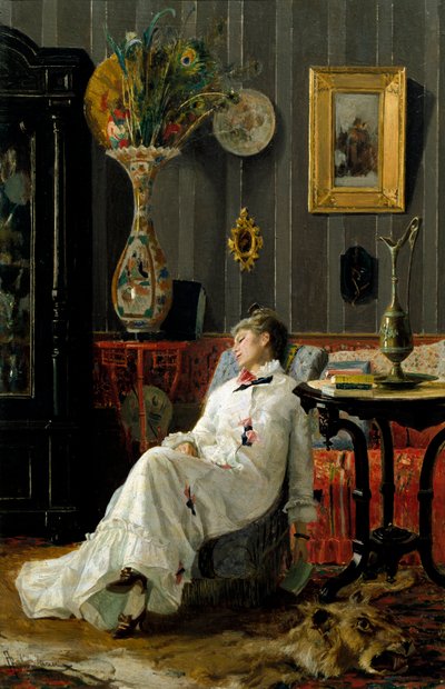 昼寝の様子。アドルフォ・ベリンバウ（1845-1938）の絵 作： Adolfo Belimbau