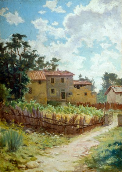 アドルフォ・ベリンバウ（1845-1938）の「トスカーナの風景」、油彩、キャンバス、44x31 cm 作： Adolfo Belimbau