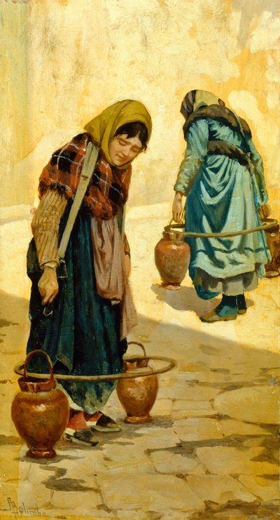 アドルフォ・ベリンバウ（1845-1938）の《水運び》、パネルに油彩、33x18cm、1881年頃 作： Adolfo Belimbau