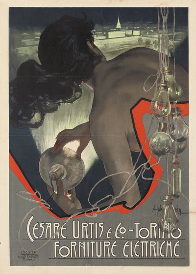 1889年にトリノのイタリアの照明供給会社Cesare Urtis＆Co.のために制作された広告ポスター 作： Adolfo Hohenstein